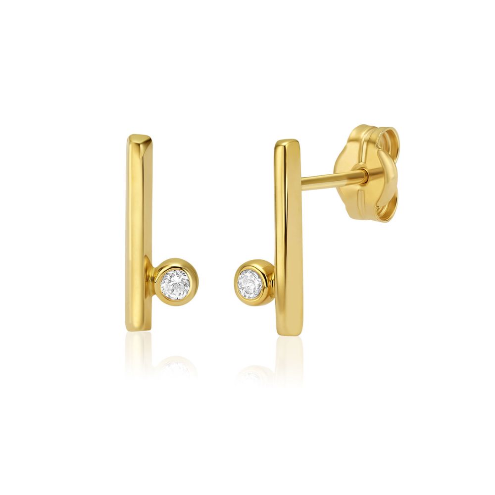 Gold Earrings | 14K Yellow Gold Stud Earring  - Zircon and a Gold Line