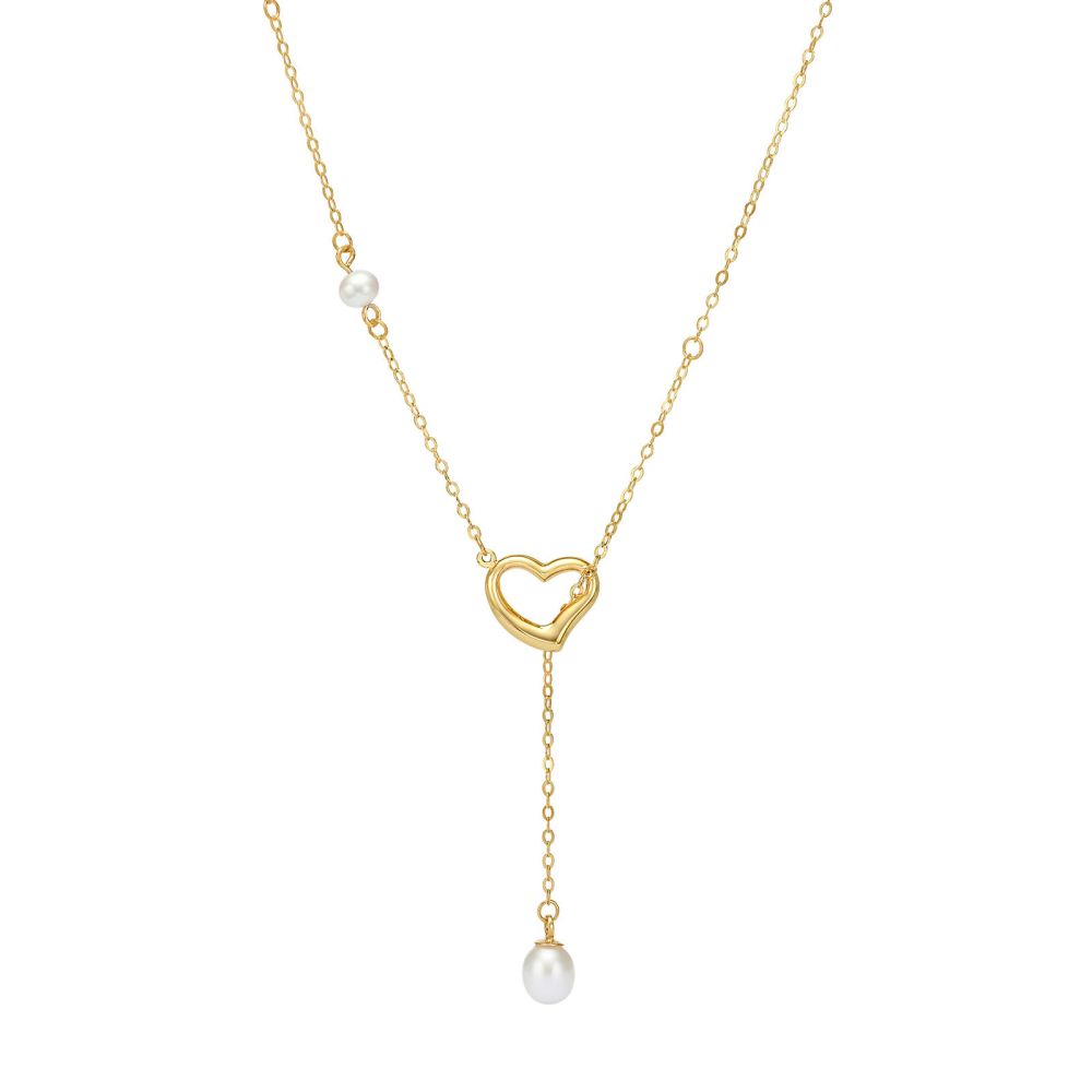 Gold Pendant | 14K Yellow Gold Chain - Pearls and Diamond Engraving Balls
