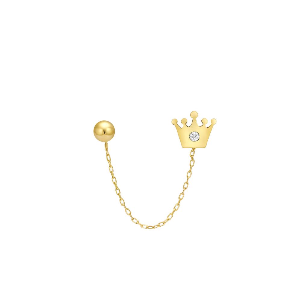 Gold Earrings | 14K Yellow Gold Stud Earring  - Sparkling Crown Chain Earring