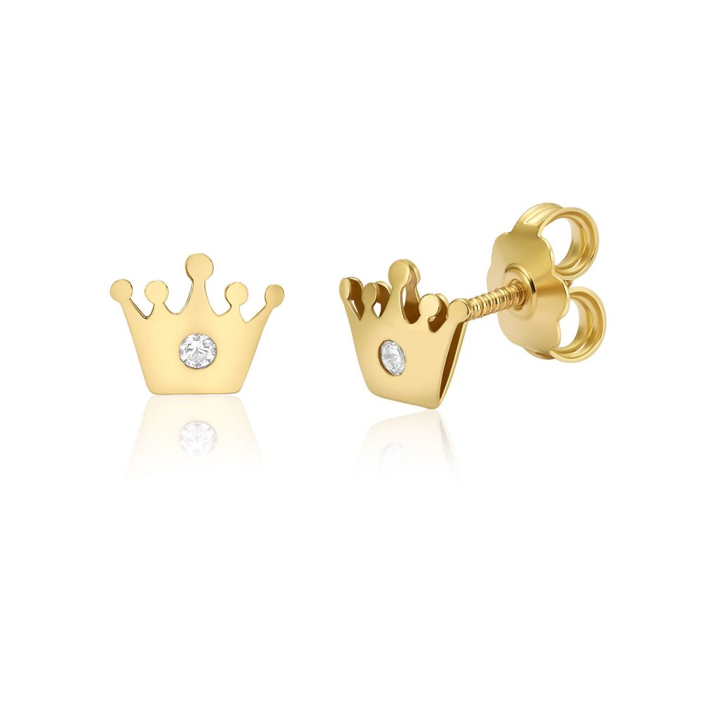 Gold Earrings | 14K Yellow Gold Stud Earring  - Sparkling Crown