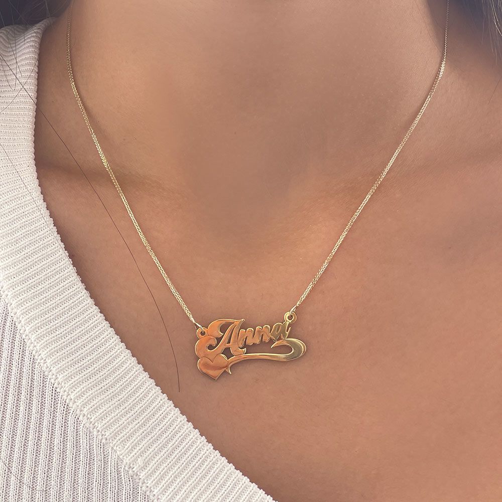 Personalized Necklaces | 14K Yellow Gold  Name Necklace English one stripe heart decoration