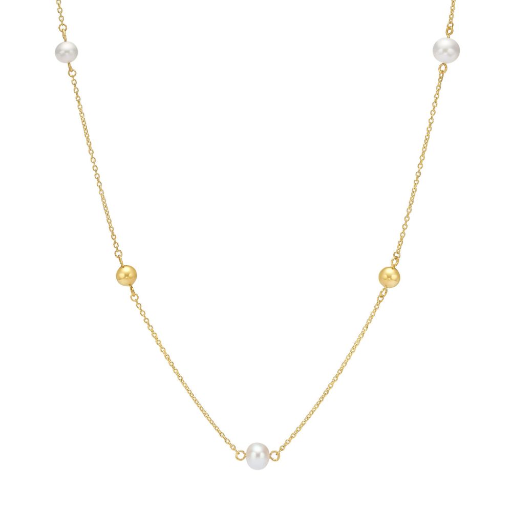 Gold Pendant | 14K Yellow Gold Chain - Pearls and Gold Balls