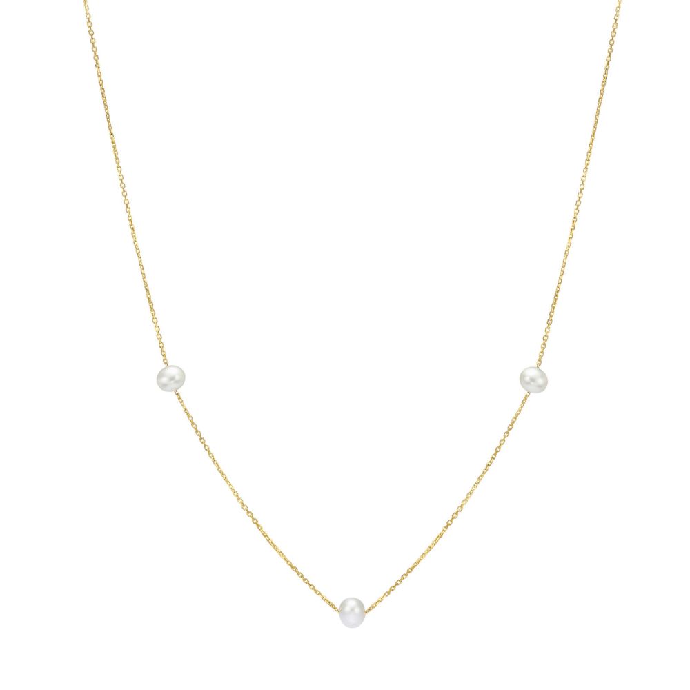 Gold Pendant | 14K Yellow Gold Chain - Three Pearls