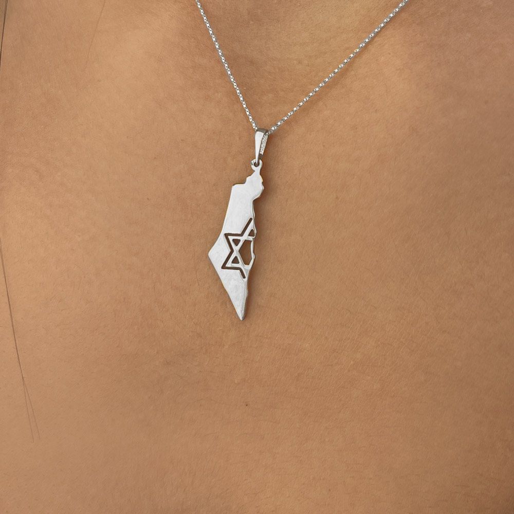 Gold Pendant | 14k White Gold  pendant - Map of Israel Star of David