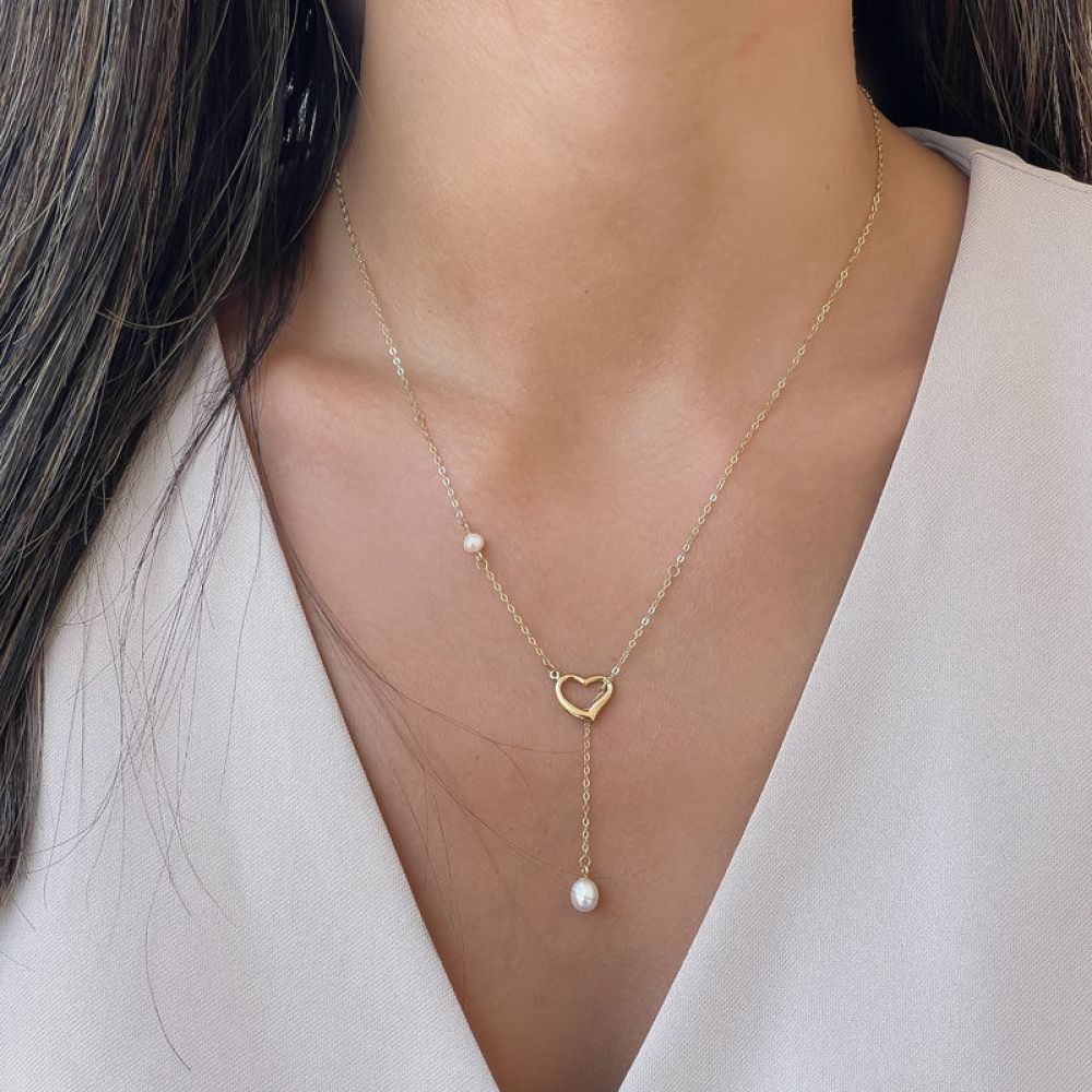 Gold Pendant | 14K Yellow Gold Chain - Pearls and Diamond Engraving Balls