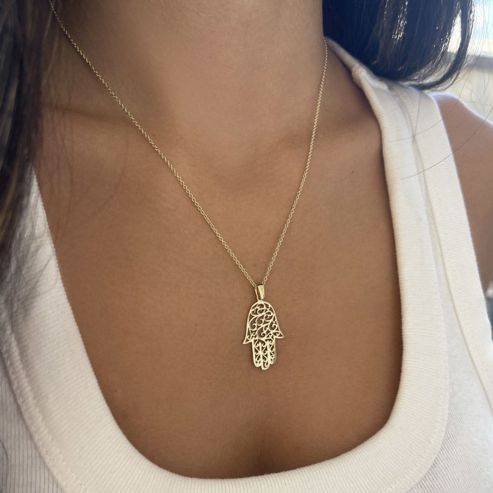 Gold Pendant | 14k Yellow Gold pendant - Curly Hamsa