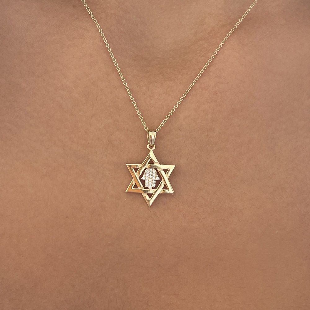 Gold Pendant | 14k Yellow Gold pendant - Star of David Hamsa inlaid