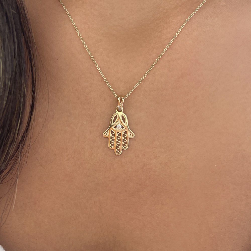 Gold Pendant | 14k Yellow Gold pendant - Sparkling Hamsa