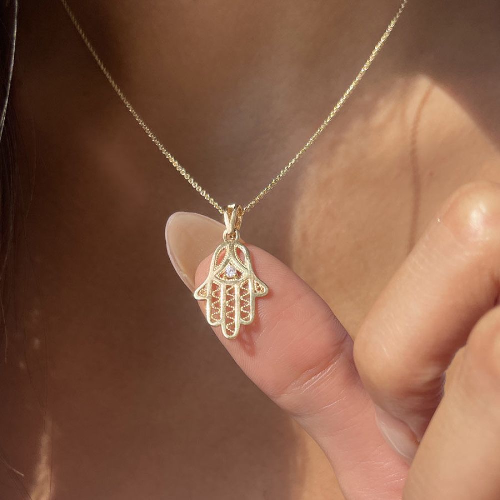 Gold Pendant | 14k Yellow Gold pendant - Sparkling Hamsa