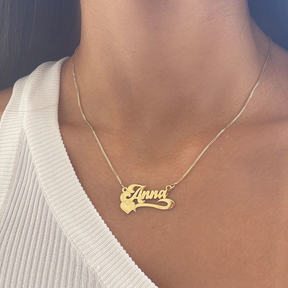 Personalized Necklaces | 14K Yellow Gold  Name Necklace English one stripe heart decoration