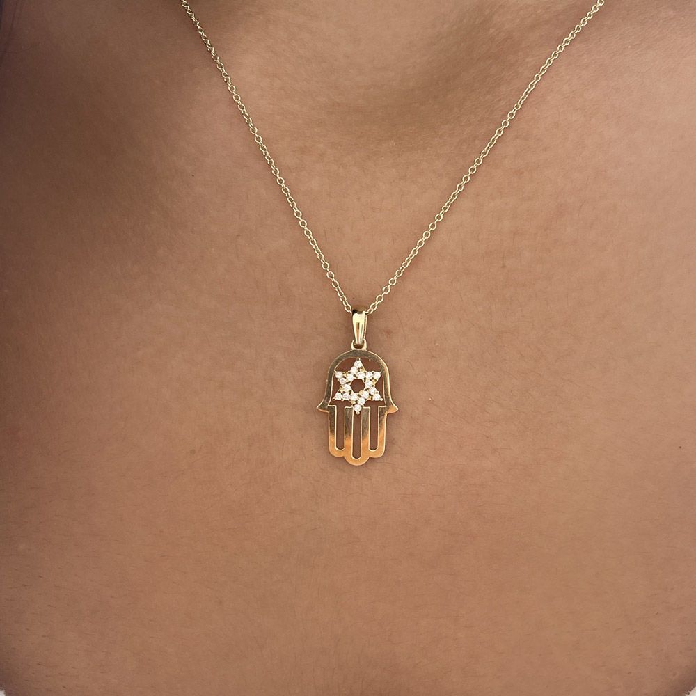 Gold Pendant | 14k Yellow Gold pendant - Hamsa with an inlaid Star of David