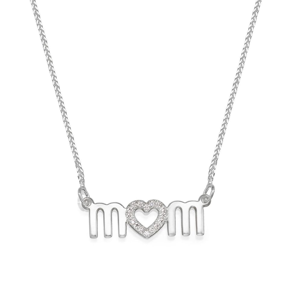 Gold Pendant | 14K White Gold MOM Necklace - Mother's Heart Necklace