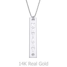 Vertical Bar Necklace with Name Engraving, in White Gold with a Diamond