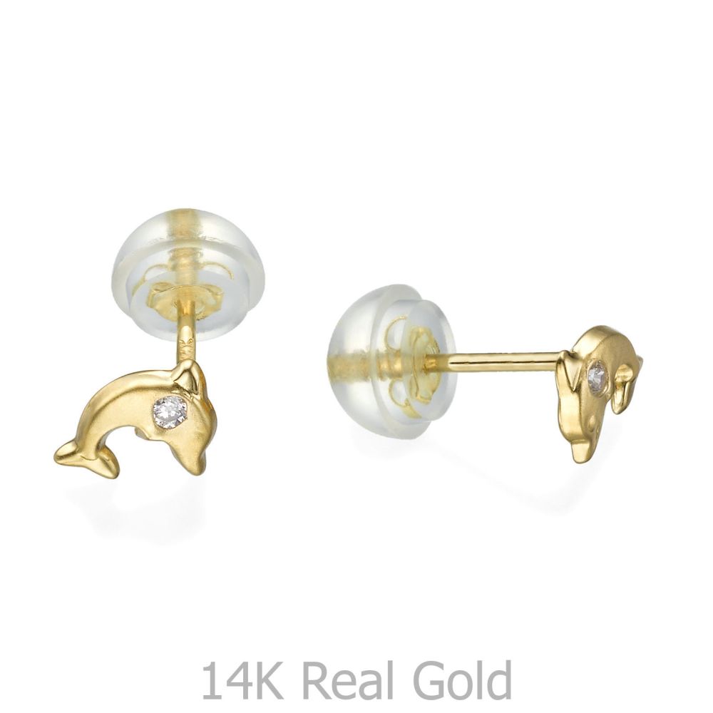 Girl's Jewelry | 14K Yellow Gold Kid's Stud Earrings - Leaping Dolphin