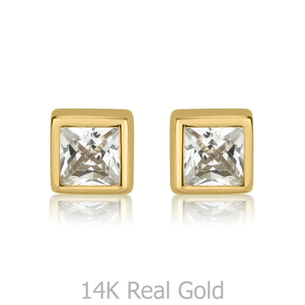 Girl's Jewelry | 14K Yellow Gold Kid's Stud Earrings - Sparkling Square - Large