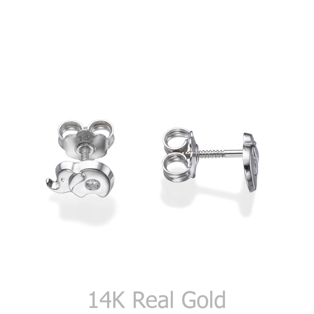 Girl's Jewelry | 14K White Gold Kid's Stud Earrings - Sparkling Elephant