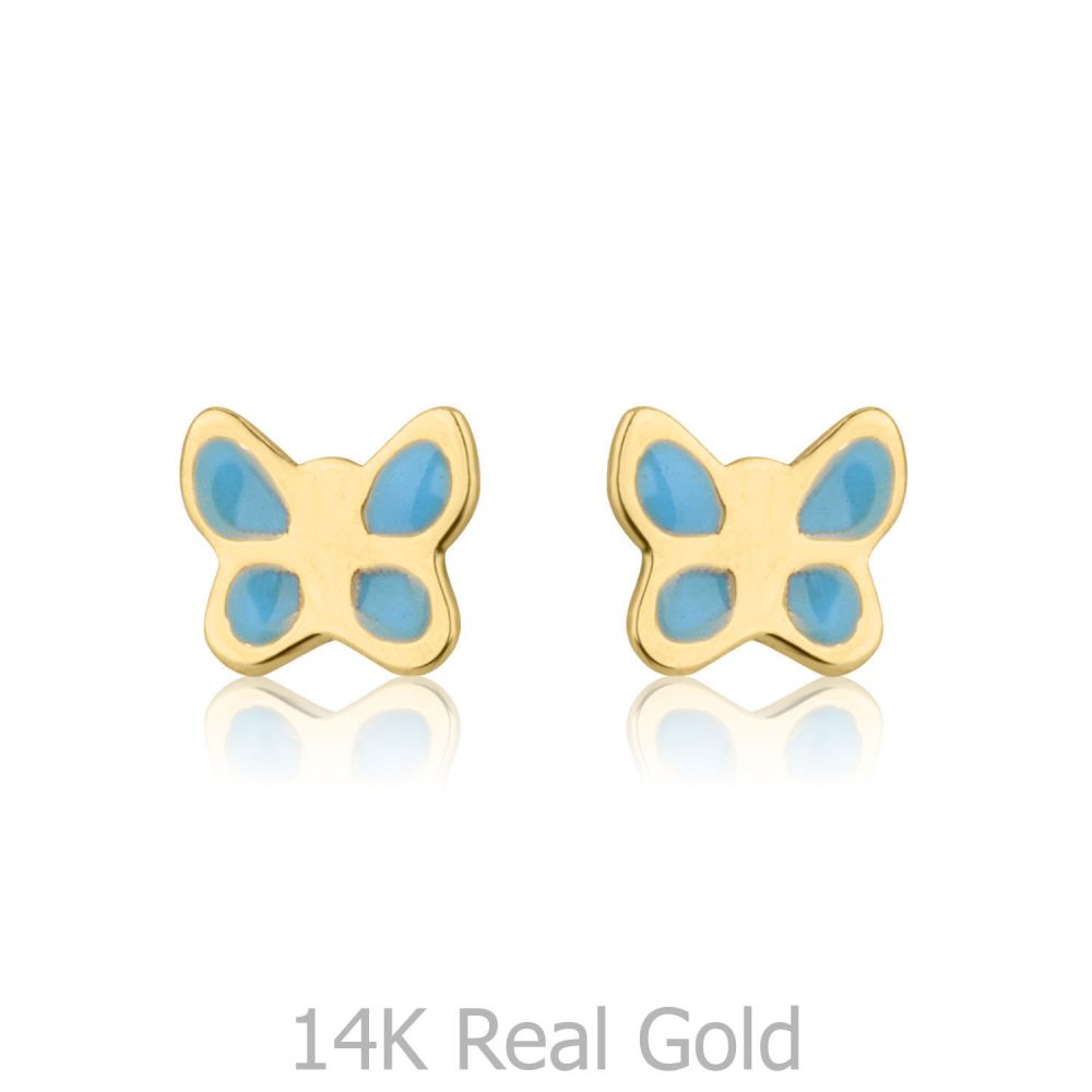 Girl's Jewelry | 14K Yellow Gold Kid's Stud Earrings - Blue Butterfly