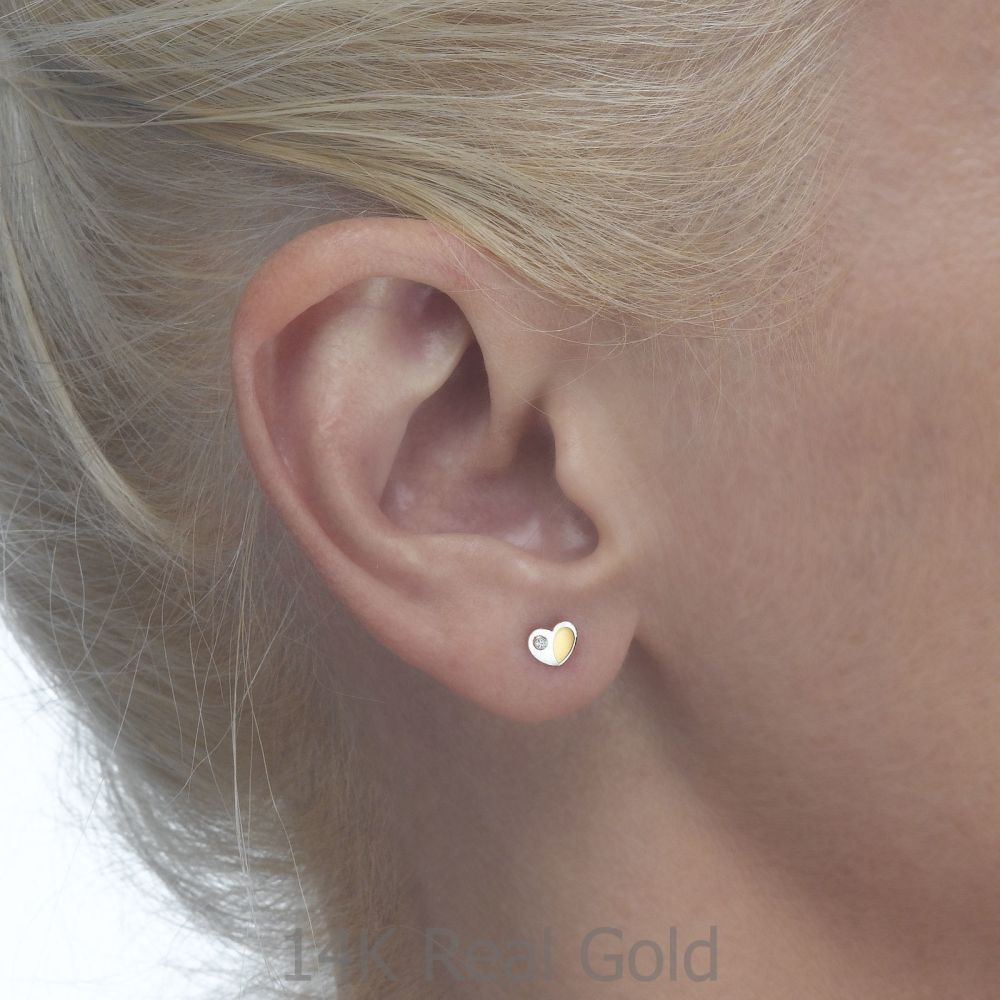 Girl's Jewelry | 14K White & Yellow Gold Kid's Stud Earrings - Duo Heart