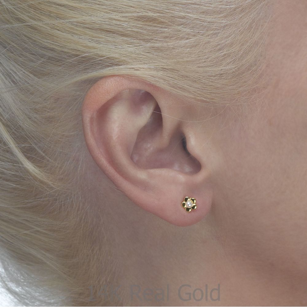 Girl's Jewelry | 14K Yellow Gold Kid's Stud Earrings - Blooming Pearl