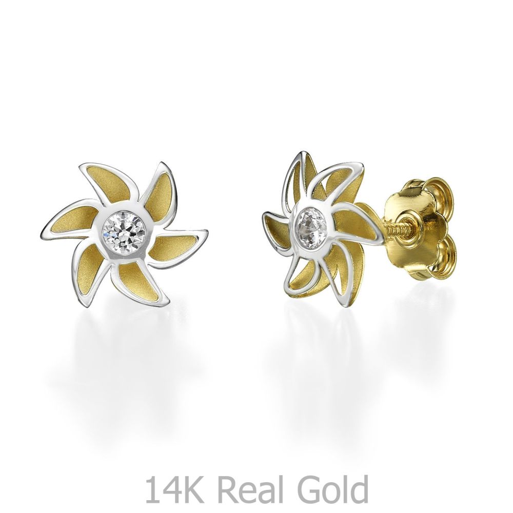 Girl's Jewelry | 14K White & Yellow Gold Teen's Stud Earrings - Bloom of Love