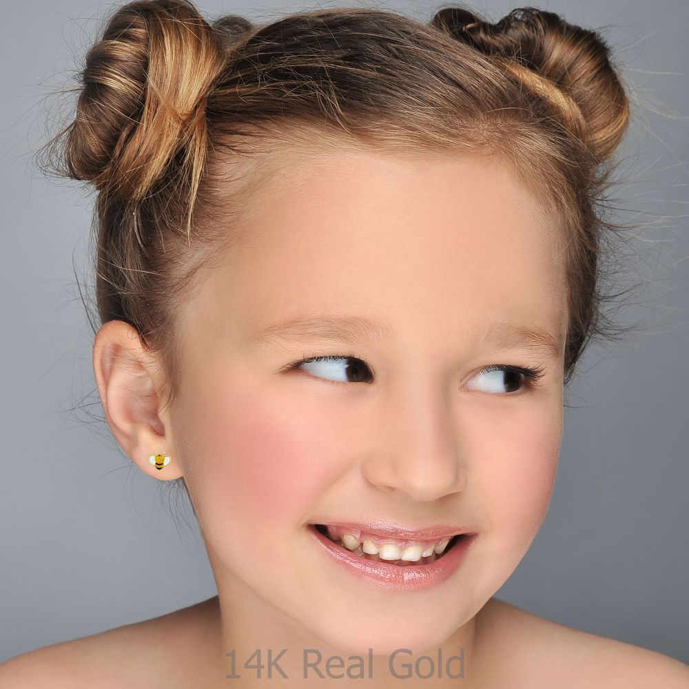 Girl's Jewelry | 14K Yellow Gold Kid's Stud Earrings - Busy Bee