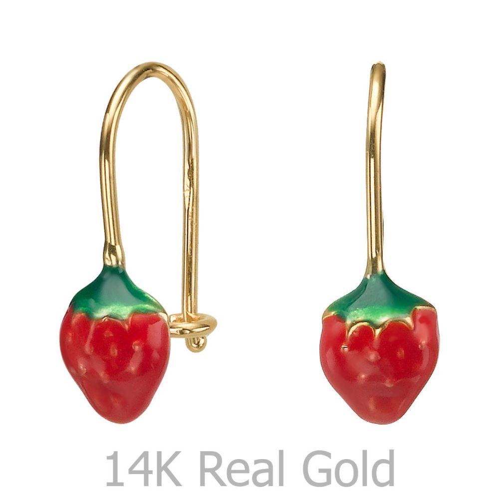 Girl's Jewelry | Dangle Earrings in14K Yellow Gold - Strawberry Berry