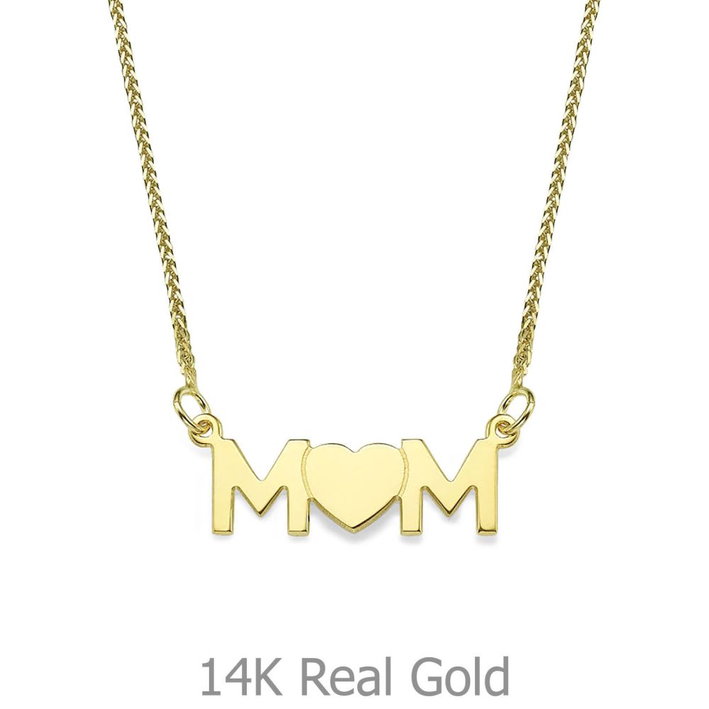 Gold Pendant | 14K Yellow Gold MOM Necklace - Mother's Full Heart Necklace