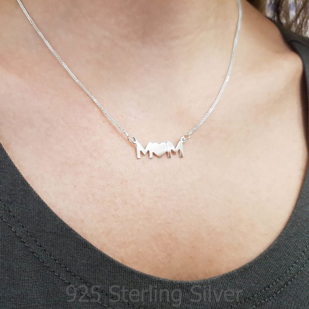 Gold Pendant | 927 Sterling Silver MOM Necklace - Mother's Full Heart Necklace