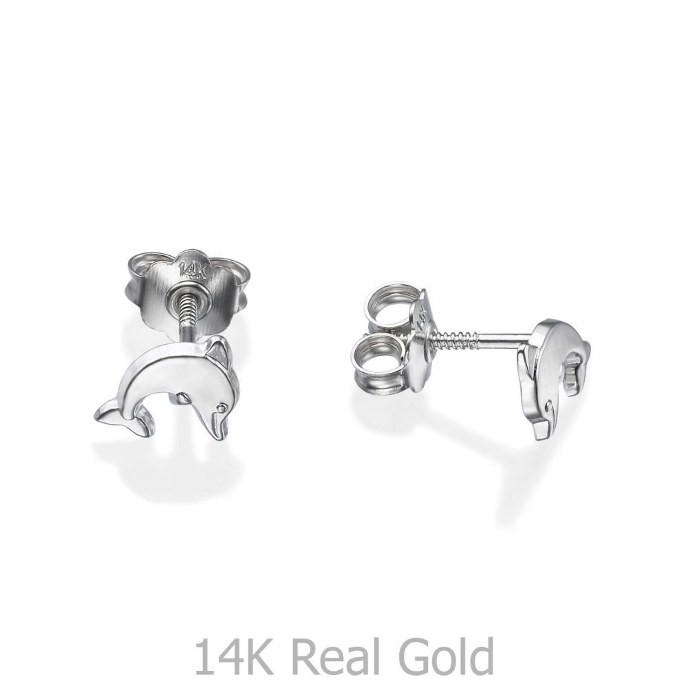 Girl's Jewelry | 14K White Gold Kid's Stud Earrings - Joyous Dolphin