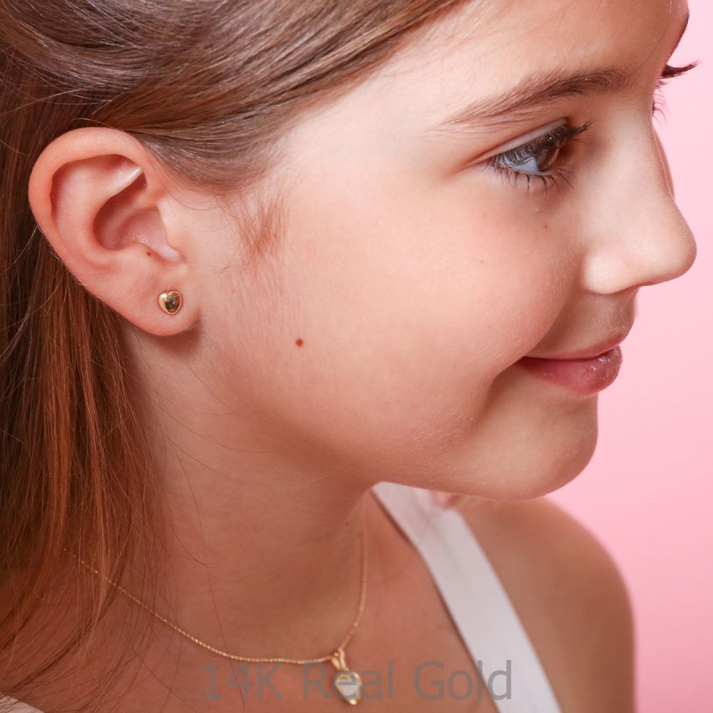 Girl's Jewelry | 14K Yellow Gold Kid's Stud Earrings - Exciting Heart