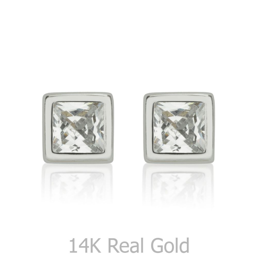 Girl's Jewelry | 14K White Gold Kid's Stud Earrings - Intriguing Square