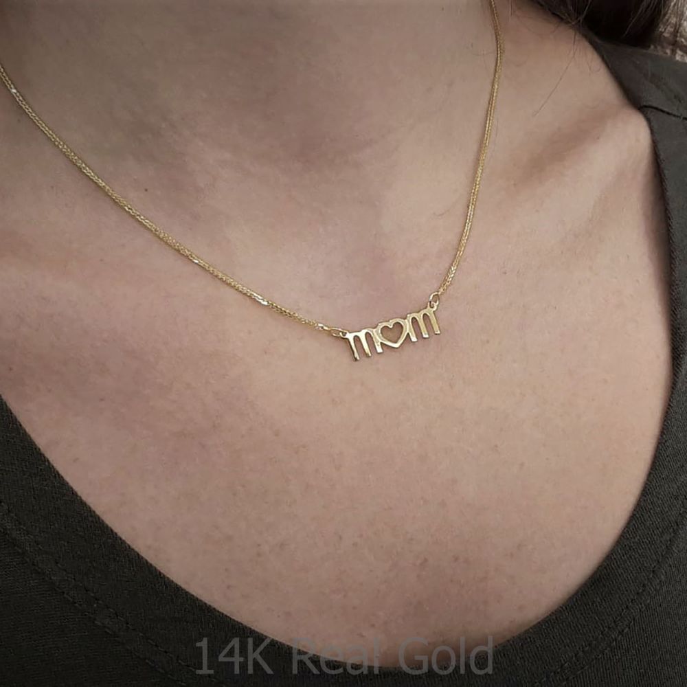 Gold Pendant | 14K Yellow Gold MOM Necklace - Mother's Heart Necklace