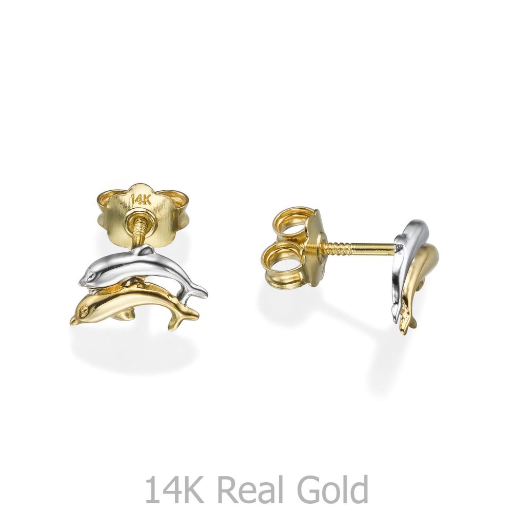 Girl's Jewelry | 14K White & Yellow Gold Kid's Stud Earrings - Leaping Dolphin