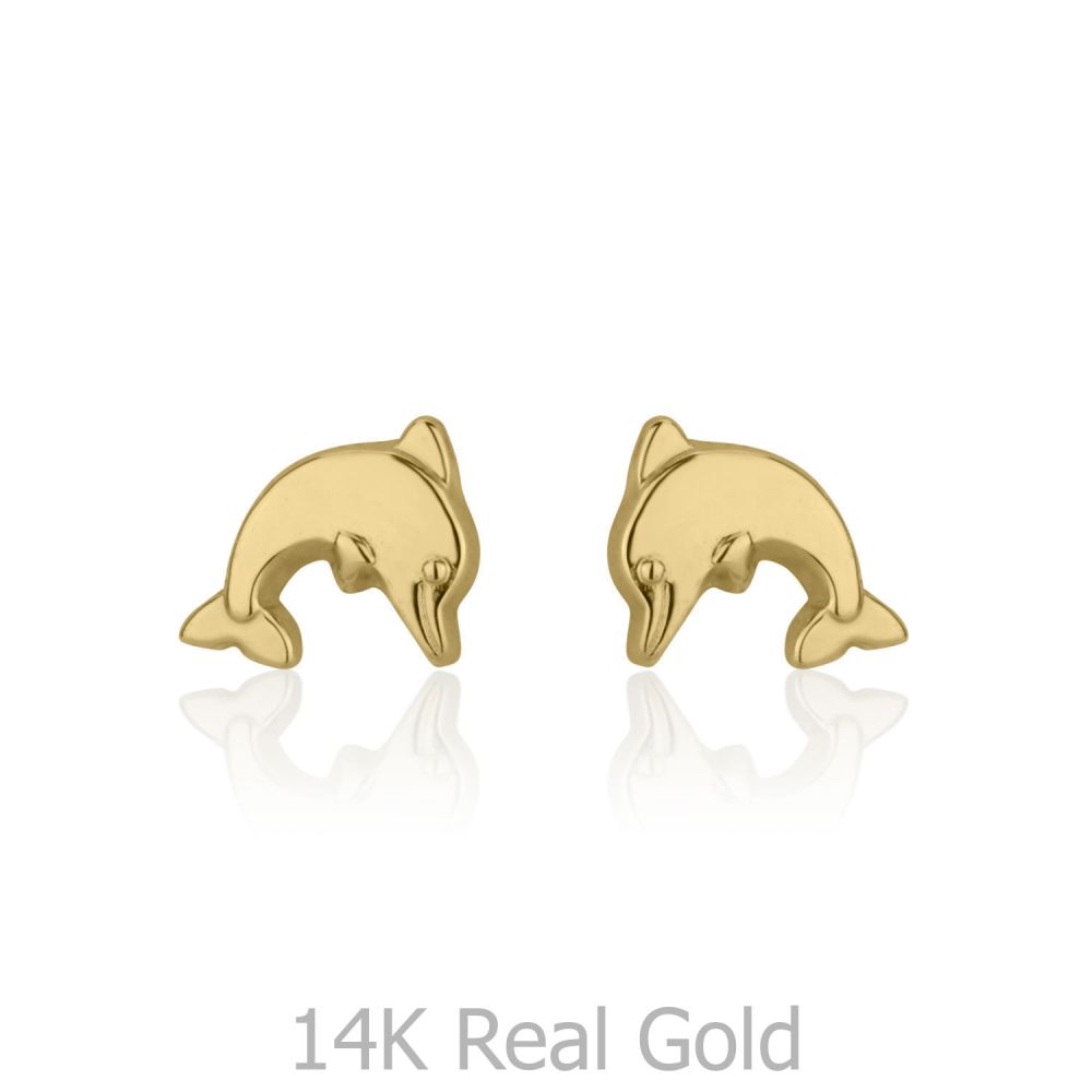 Girl's Jewelry | 14K Yellow Gold Kid's Stud Earrings - Joyous Dolphin