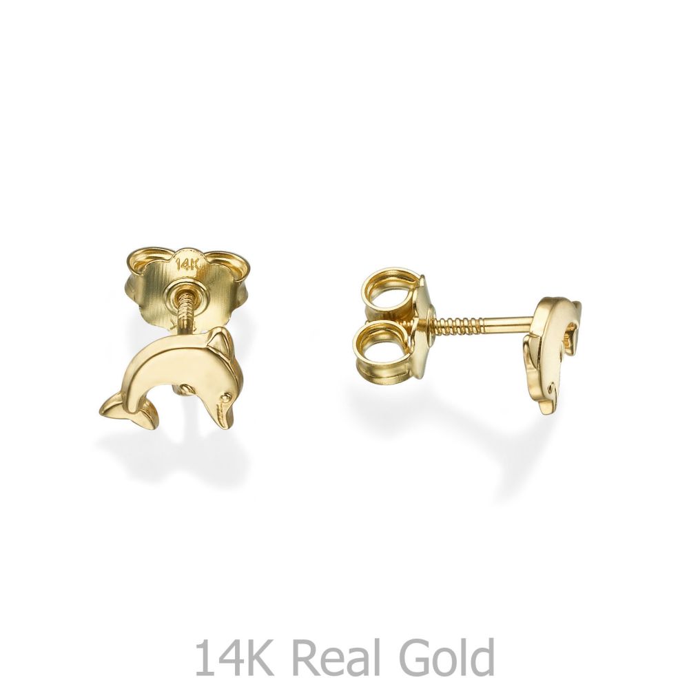 Girl's Jewelry | 14K Yellow Gold Kid's Stud Earrings - Joyous Dolphin