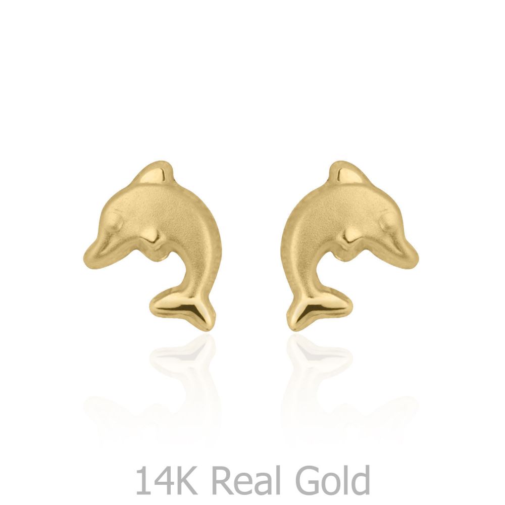 Girl's Jewelry | 14K Yellow Gold Kid's Stud Earrings - Leaping Dolphin