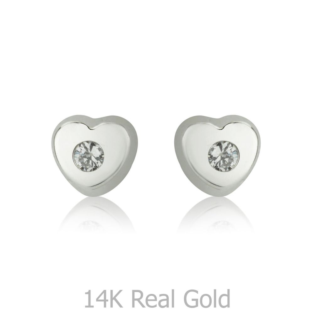 Girl's Jewelry | 14K White Gold Kid's Stud Earrings - Sparkling Heart - Small