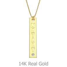 Vertical Bar Necklace with Name Engraving, in Yellow Gold with a Diamond