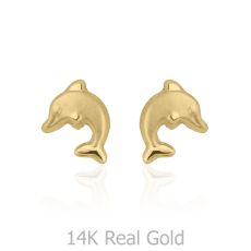 14K Yellow Gold Kid's Stud Earrings - Leaping Dolphin