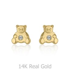 14K Yellow Gold Kid's Stud Earrings - Sparkling Teddy