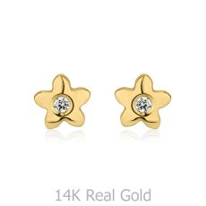 14K Yellow Gold Kid's Stud Earrings - Sparkling Flower - Yellow