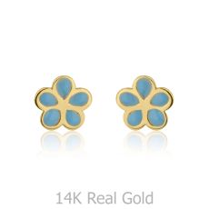 14K Yellow Gold Kid's Stud Earrings - Flowering Daisy - Blue