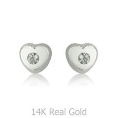 14K White Gold Kid's Stud Earrings - Sparkling Heart - Small