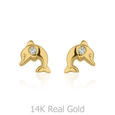 14K Yellow Gold Kid's Stud Earrings - Smiling Dolphin