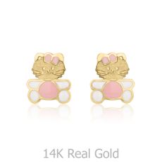 14K Yellow Gold Kid's Stud Earrings - Kitty Kat