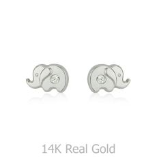 14K White Gold Kid's Stud Earrings - Sparkling Elephant