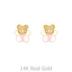 14K Yellow Gold Kid's Stud Earrings - Colorful Teddy - Pink