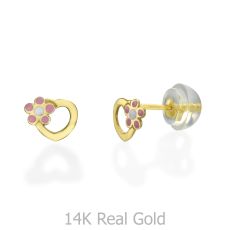 14K Yellow Gold Kid's Stud Earrings - Daisy Heart - Pink