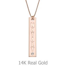 Vertical Bar Necklace with Name Engraving, in Rose Gold with a Diamond