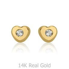 14K Yellow Gold Kid's Stud Earrings - Sparkling Heart - Small